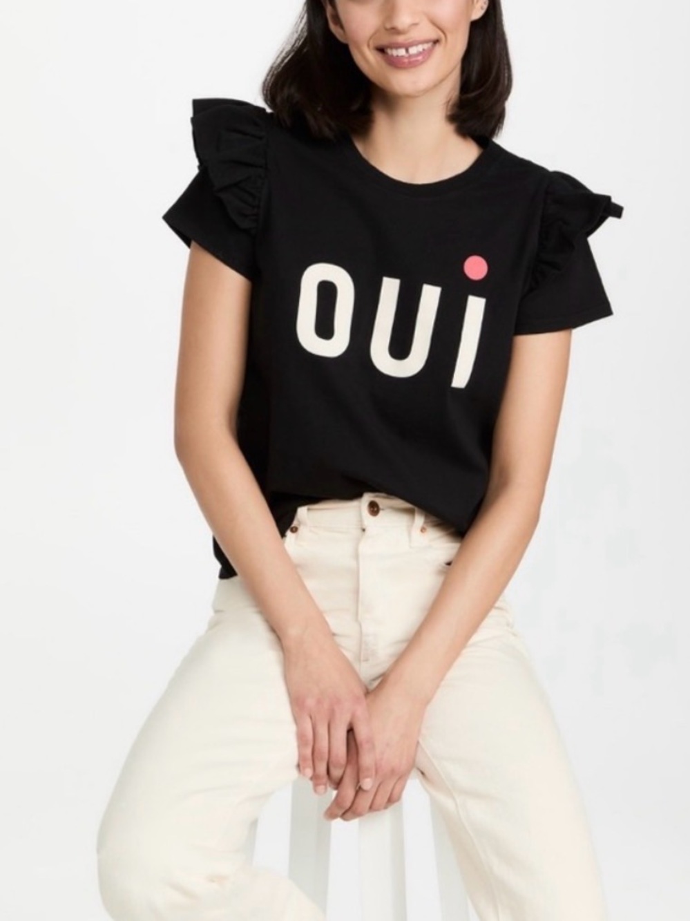 Clare V Black 'OUI' Ruffle Sleeve Graphic Tee
